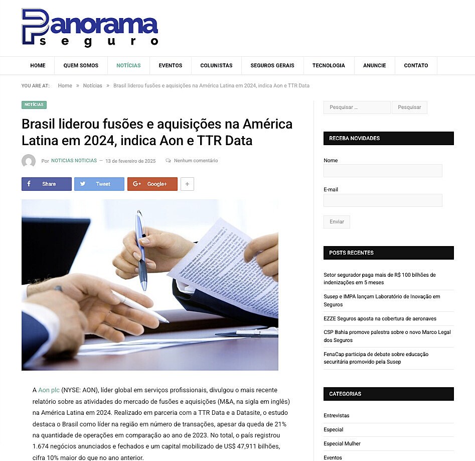 Brasil liderou fuses e aquisies na Amrica Latina em 2024, indica Aon e TTR Data